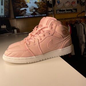 Air Jordan 1 Aj1 Mid Gs Bg Sheen Pink Denim Shoes girls size 7Y
